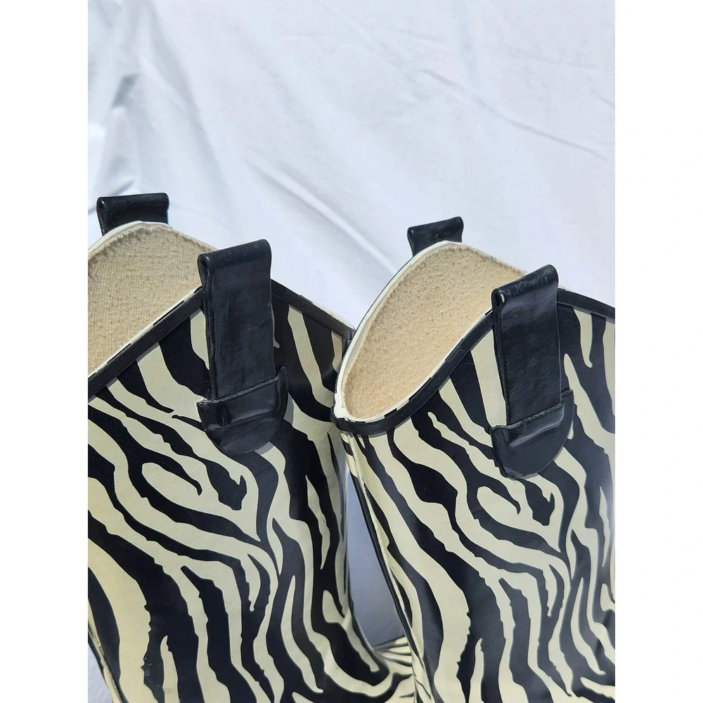 Corkys Zebra Print Rubber Cowboy Boots Black White Western Rain Boots Womens 8